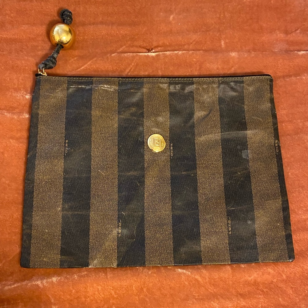 Fendi Vintage 1980s Pequin Coated Canvas Cosmetic Clutch Bag